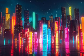 Vibrant futuristic city skyline at night with glowing neon lights reflecting, creating a mesmerizingly colorful urban landscape.