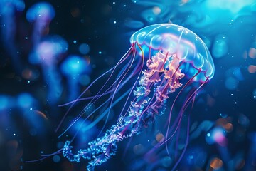 Vibrant jellyfish glowing underwater with colorful illumination and detailed tentacles, showcasing marine beauty and bioluminescence.