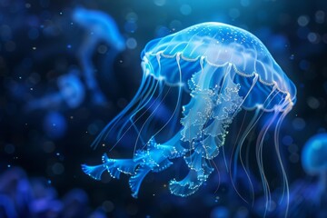 Stunning close-up of a bioluminescent jellyfish glowing in the dark ocean, showcasing the mesmerizing beauty of underwater marine life.
