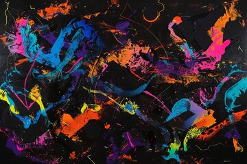 Vibrant abstract painting with bold, colorful brushstrokes and fluid patterns on a dark background creating dynamic, energetic visuals.