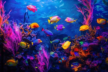 Vibrant underwater scene with colorful tropical fish and coral reef. Bright hues and diverse marine life create a stunning aquatic landscape.