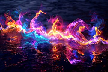 Vibrant multicolored flames dancing on dark water, creating a mesmerizing and energetic abstract scene. Ideal for backgrounds or digital art.