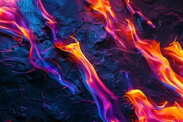 Vivid abstract image of colorful flames with a textured dark background, showcasing the beauty and energy of fire in purple and orange hues.