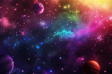 Vibrant cosmic scene with colorful planets, stars, and nebulae in deep space, creating a mesmerizing celestial background.