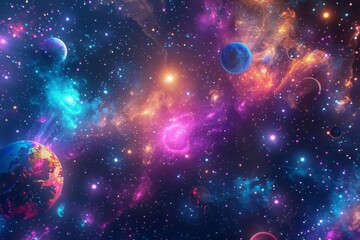 Vibrant space scene with colorful nebulae, distant planets, and shining stars. Perfect for sci-fi themes, cosmic artwork, and astronomy enthusiasts.