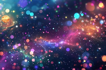 Vibrant abstract background featuring colorful bokeh lights and cosmic elements, perfect for creative and magical designs.