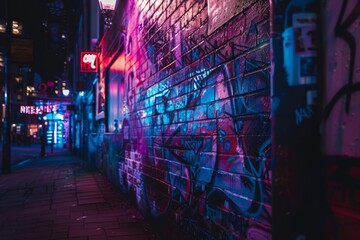Urban alleyway at night with vibrant neon lights and graffiti-covered walls, creating a colorful and edgy atmosphere.