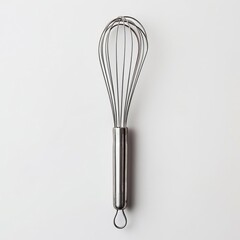 Stainless steel wire whisk on a white background, ideal for mixing, baking, and cooking in professional and home kitchens.