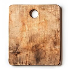 Rustic wooden cutting board with a hole for hanging, showcasing wear and character. Perfect for culinary presentations and food photography.