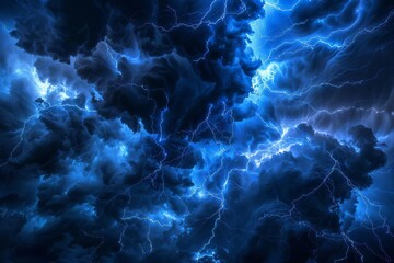 Dramatic storm clouds illuminated by bright lightning. Dark sky with electric blue flashes during a powerful thunderstorm.