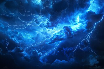 Dramatic night sky with bright blue lightning bolts illuminating dark storm clouds, creating a powerful and intense atmospheric scene.
