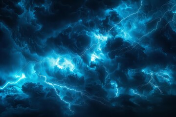 Dramatic blue lightning storm in dark sky. Captivating natural phenomenon showcasing intense energy, power, and electrifying stormy atmosphere.