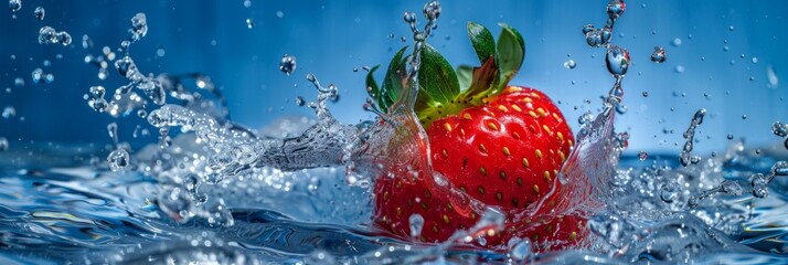 Strawberry and water splash. captured with highspeed photography as they break through the waters surface.