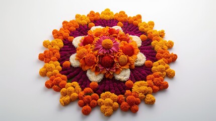 Long shot of a vibrant marigold flower rangoli, meticulously arranged for Diwali Festival, isolated on a pristine white background