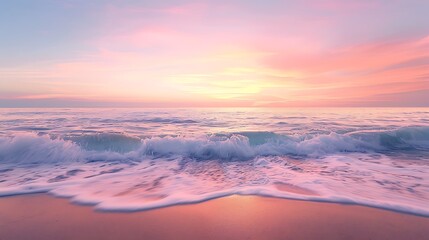 Fototapeta premium A peaceful sunset over a calm sea with soft waves gently lapping at the shore, the sky painted in gradients of pink, lavender, and peach, creating a serene and calming end to the day