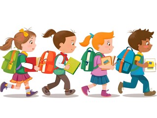 Cheerful Children Walking Together With Backpacks in School Corridor