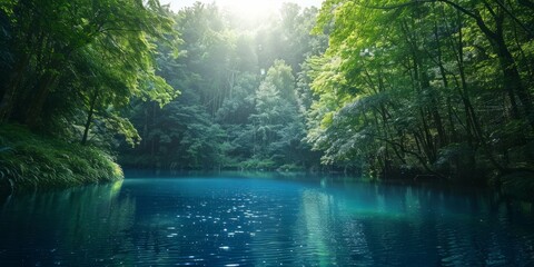 Obraz premium Calm lake nestled among trees on a sunny day. Tranquil nature scene concept.