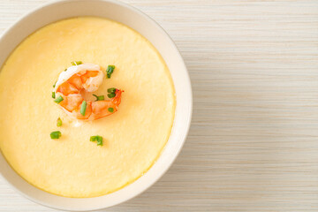 Steamed egg with shrimp and spring onions