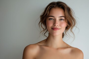 Obraz premium A young woman with no makeup on her face.