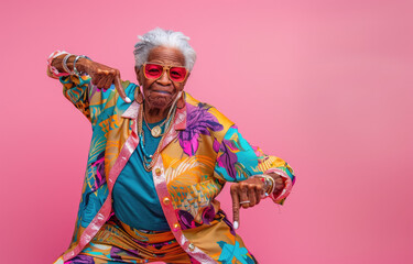 super cool grandma in colorful outfit, doing the fsaltbub dance move, on pink background