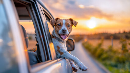 perro feliz mirando de frente en la ventana del auto con el viento 