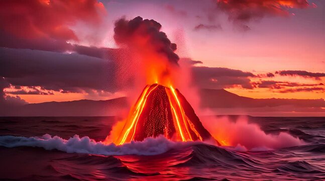 Volcanic Lava Flow. Sunset Spectacle