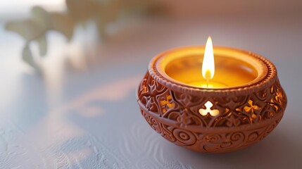 Photorealistic close-up of a beautifully lit Diya lamp