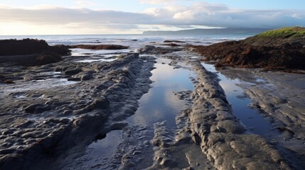Fototapeta premium rocks mud sea waves cloudy sky vacation enjoy natural wonders.