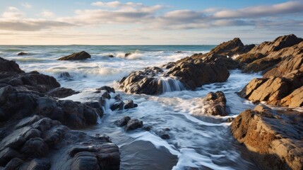 Obraz premium rocks mud sea waves cloudy sky vacation enjoy natural wonders.