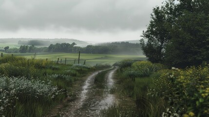 Pathway linking two fields during a gloomy day