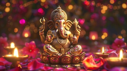 Obraz premium Photorealistic high-angle view, intricately detailed gold statue of Lord Ganesha, surrounded by festive Diwali lamps, rich and vivid colors, clean copyspace, digital rendering