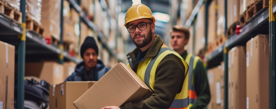 Workers placing boxes in a storage unit