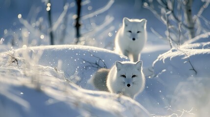 Representatives of northern fauna Arctic foxes blending into the snow covered tundra while foraging for food