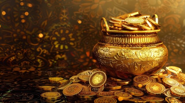 Side view of a golden pot overflowing with gold coins