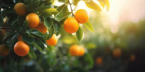 Ripe oranges hanging on a orange tree in orchard. Fresh juicy oranges on a oranges tree branches in garden, blurred background, copy space