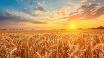 Obraz premium Ripe golden wheat field at sunset showcasing readiness for harvest and farmer s presence