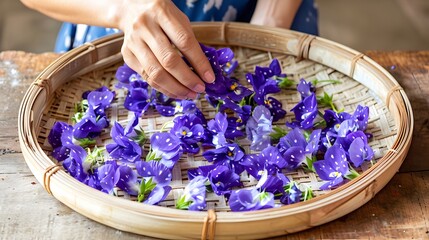 Hand in frame asian woman put Bunga Telang or Butterfly Pea flowers on bamboo plate.