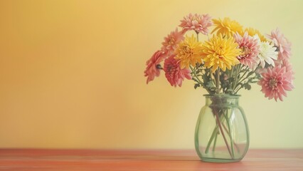Fototapeta premium photo of chrysanthemum flowers in a in a glass vase in the corner isolated background