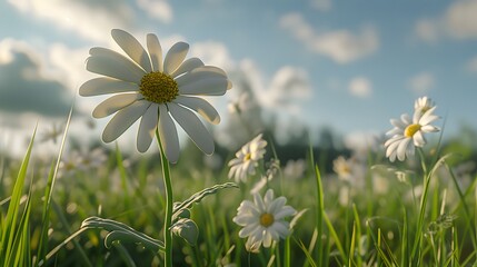 Wild daisy flowers growing on meadow. Leucanthemum vulgare, commonly known as the ox-eye daisy, oxeye daisy, dog daisy, marguerite
