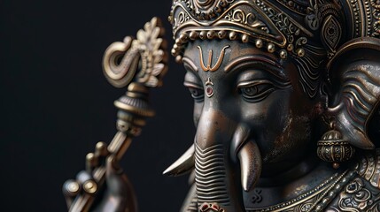Side view statue of Lord Ganpati in intricate bronze
