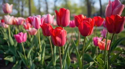 Stunning assortment of red and pink tulip flowers blooming in an outdoor park