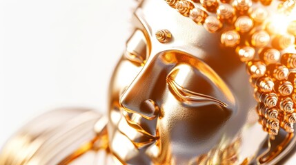 Tilted angle perspective of a luminous golden Buddha statue, isolated white backdrop, hyper-realistic, detailed craftsmanship