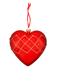 Red heart shape glass ball golden pattern ornament hanging on ribbon white background isolated, heart Сhristmas tree decoration, New Year design element, xmas toy, Valentines day romantic love symbol