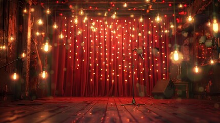 Live Stage Performance Setup. A captivating stage set with glowing red curtains and a myriad of hanging lights, ready for a live performance.