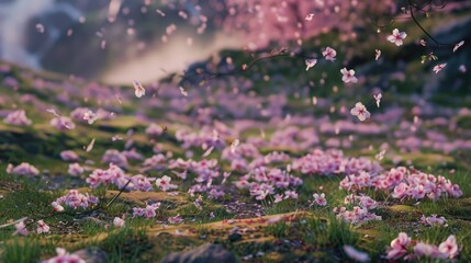 Obraz premium Mountain cherry blossoms scatter to the ground