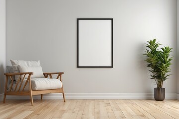 Interior home of living room with blank poster frame mock up on wooden armchair on white wall, hardwood floor