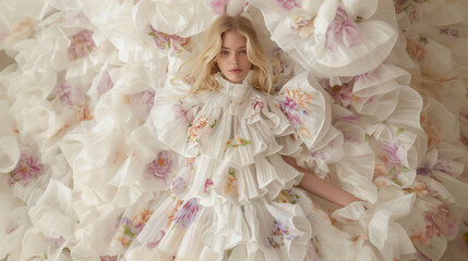 A Young Blonde Caucasian Woman Wearing A Summer White Ruffle Dress, Laying Down On A Bed of White Ruffle Floral Fabric, Natural Makeup, High Fashion Magazine Aesthetic, Fashion Editorial Photography.