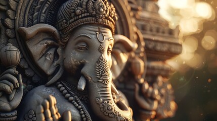 Obraz premium Tilted angle view of intricately carved Ganesha deity stone statue
