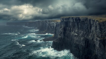 A rugged coastline with towering cliffs meeting the crashing waves of the ocean below, under a...