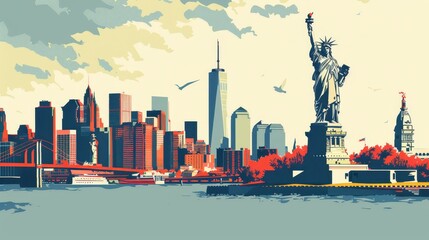 New York City skyline and Statue of Liberty art - Artistic rendering of the New York City skyline with Statue of Liberty and distinctive color palette